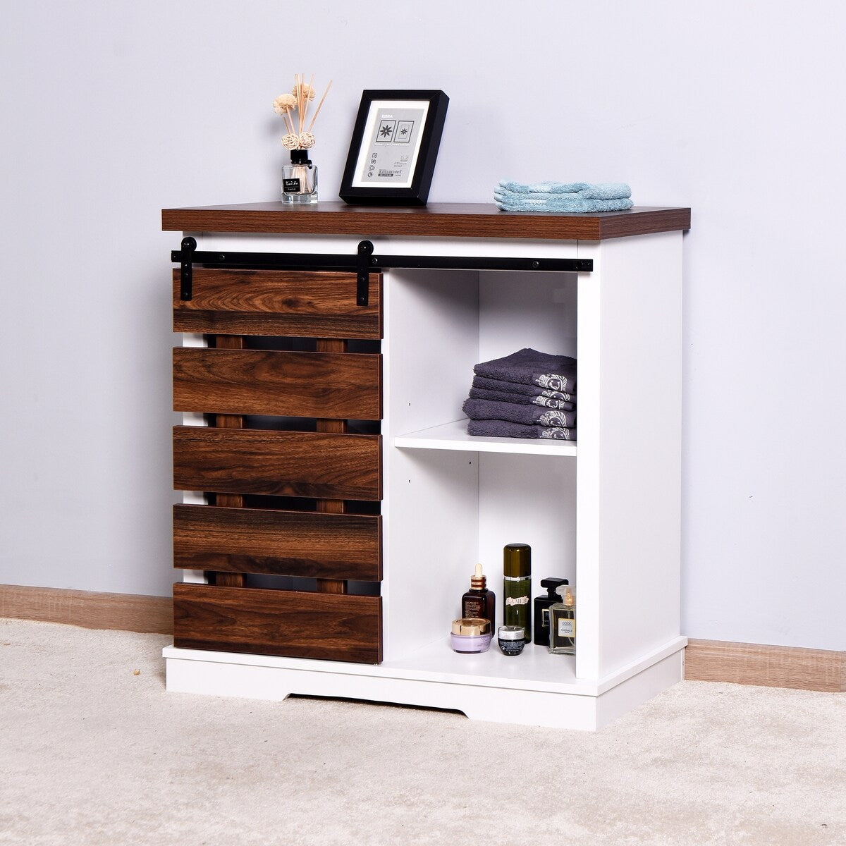Wooden White Storage Cabinet with Barn Door 31.50W 15.35D 32.00H