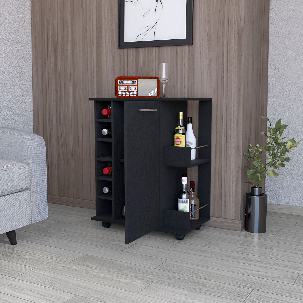 Woodland Bar Cart with Casters, Wine Rack and Open Shelf