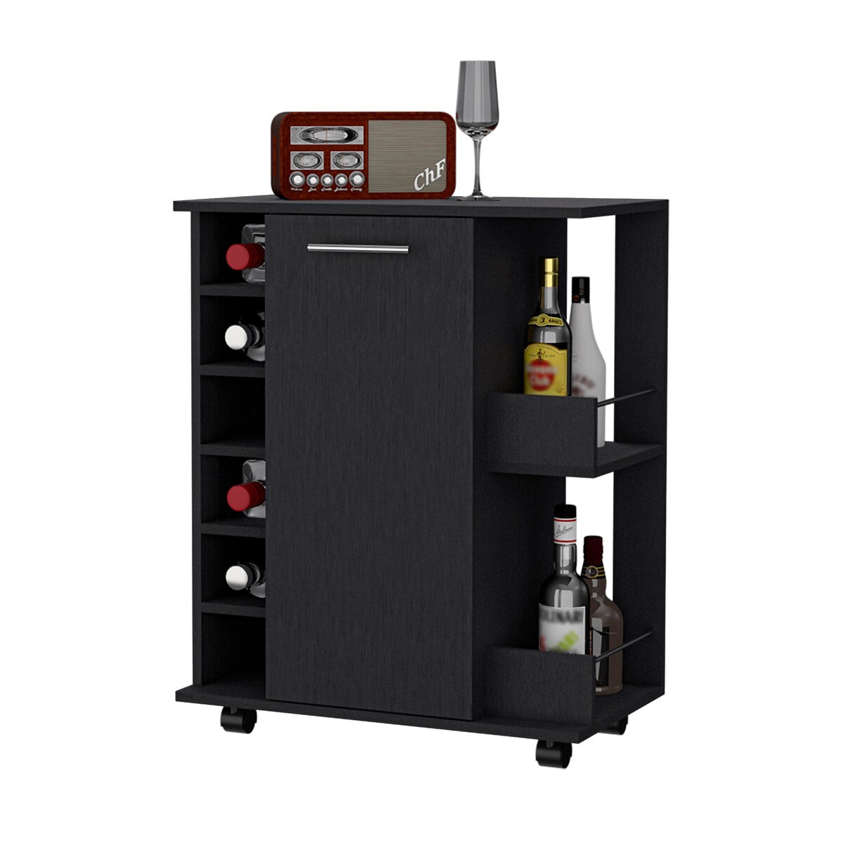 Woodland Bar Cart with Casters, Wine Rack and Open Shelf