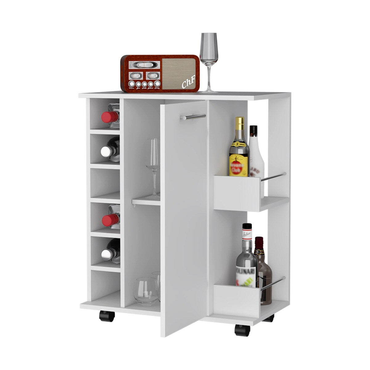 Woodland Bar Cart with Casters, Wine Rack and Open Shelf