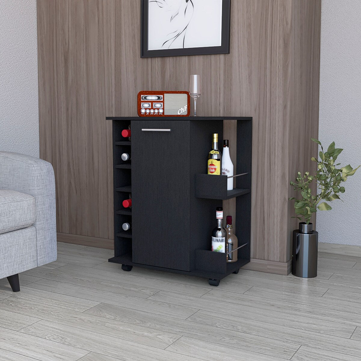 Woodland Bar Cart with Casters, Wine Rack and Open Shelf