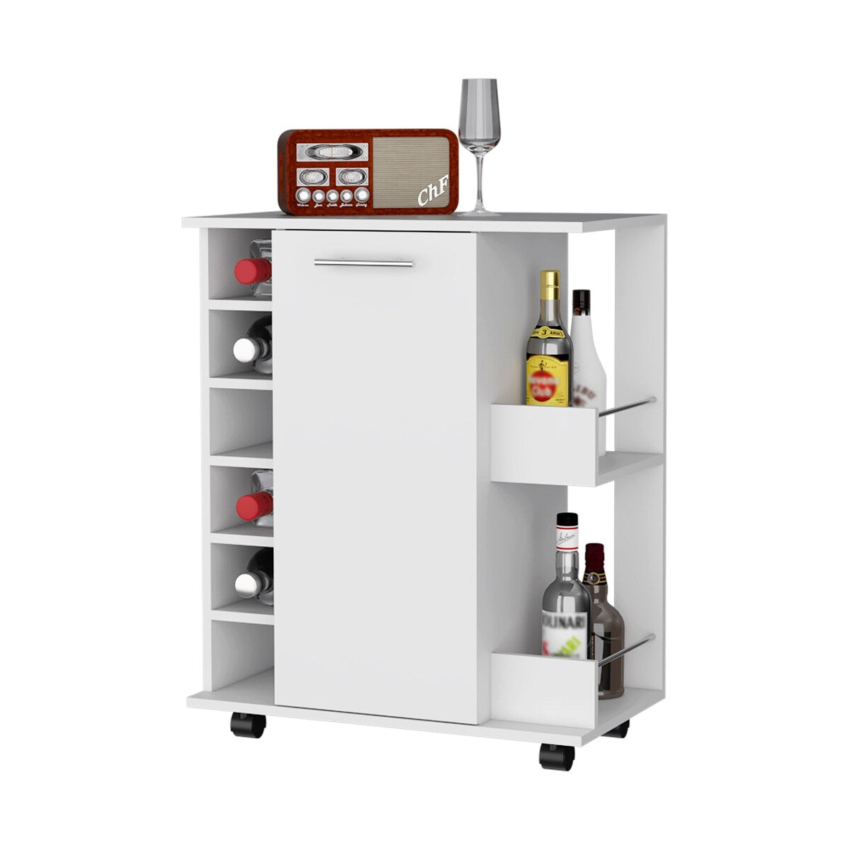 Woodland Bar Cart with Casters, Wine Rack and Open Shelf