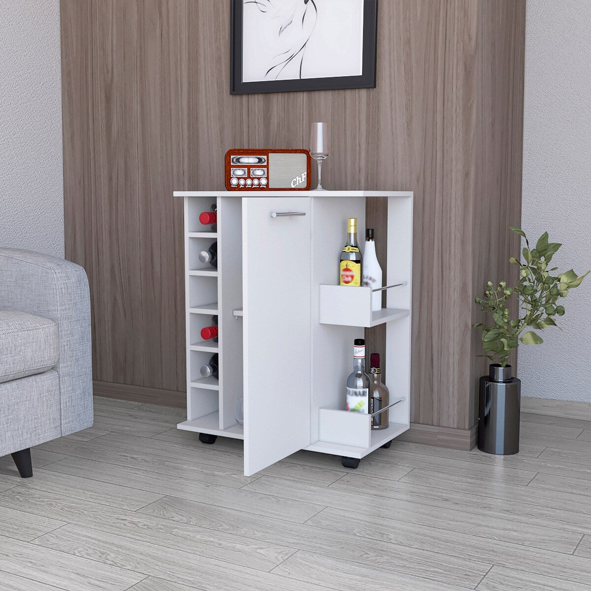 Woodland Bar Cart with Casters, Wine Rack and Open Shelf