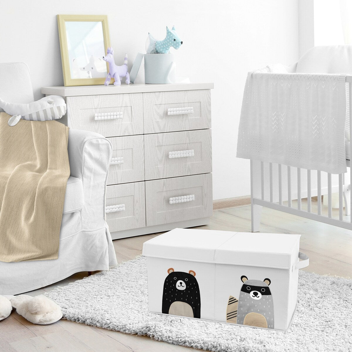 Woodland Bear Racoon Collection Boy or Girl Kids Fabric Toy Bin Storage - Neutral Beige, Green, Black and Grey Forest Pals