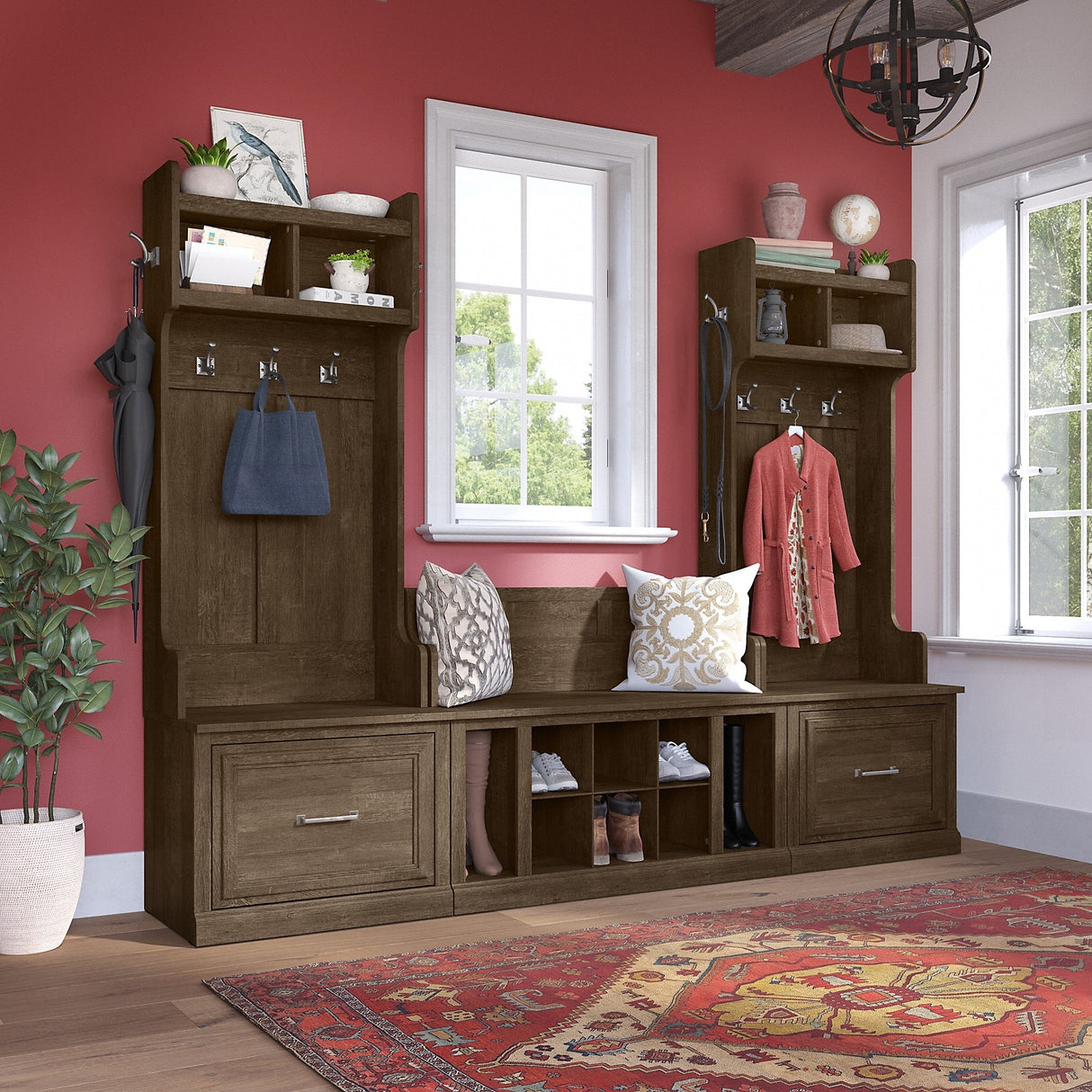 Woodland Hall Trees and Shoe Bench with Drawers by Bush Furniture
