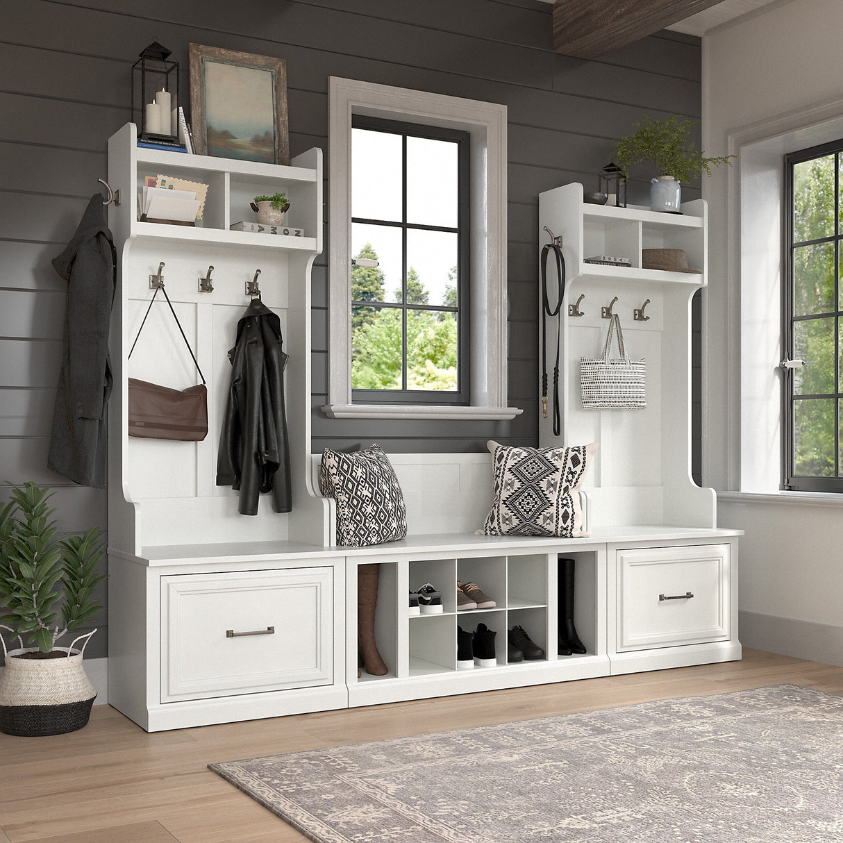 Woodland Hall Trees and Shoe Bench with Drawers by Bush Furniture