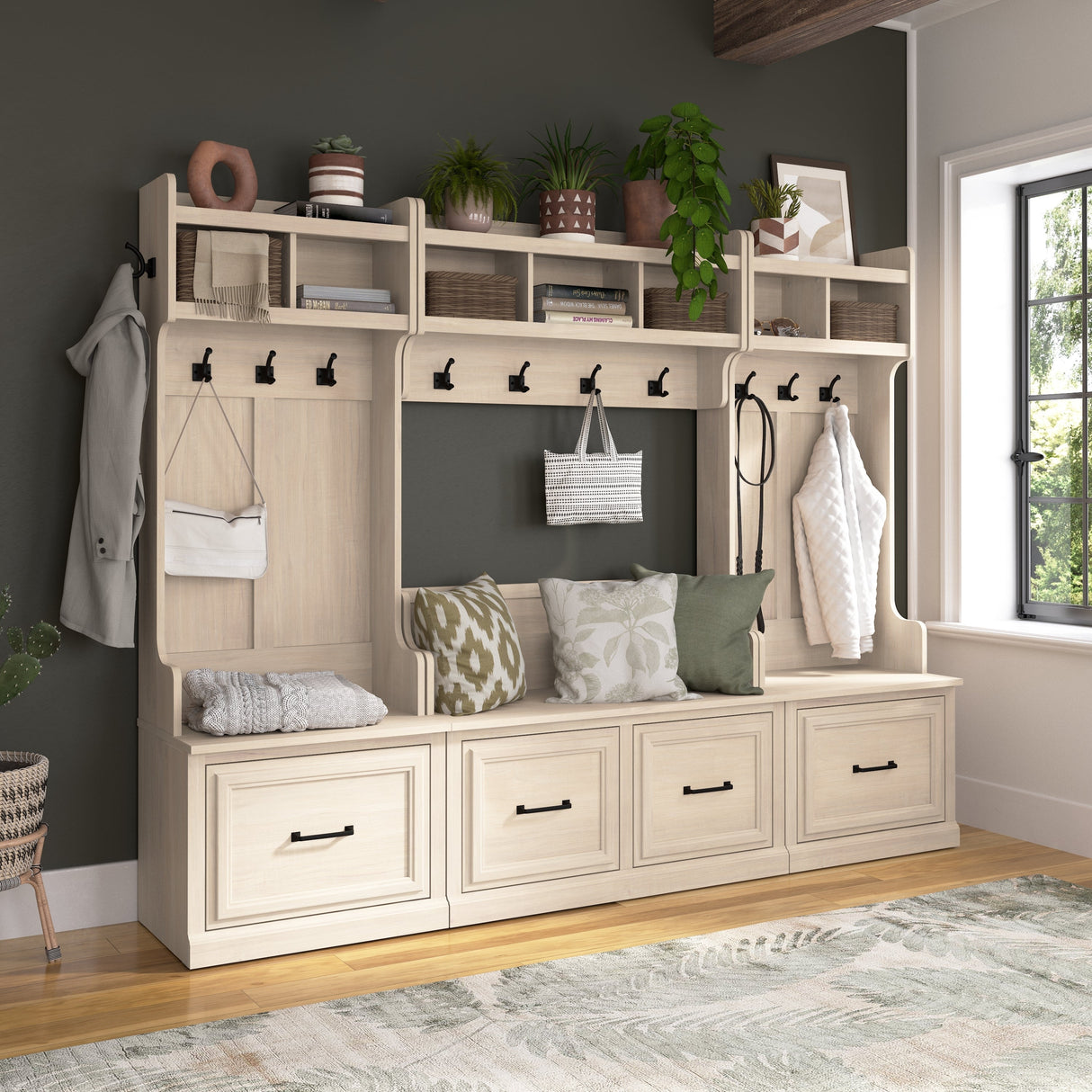 Woodland Hall Trees and Shoe Bench with Drawers by Bush Furniture