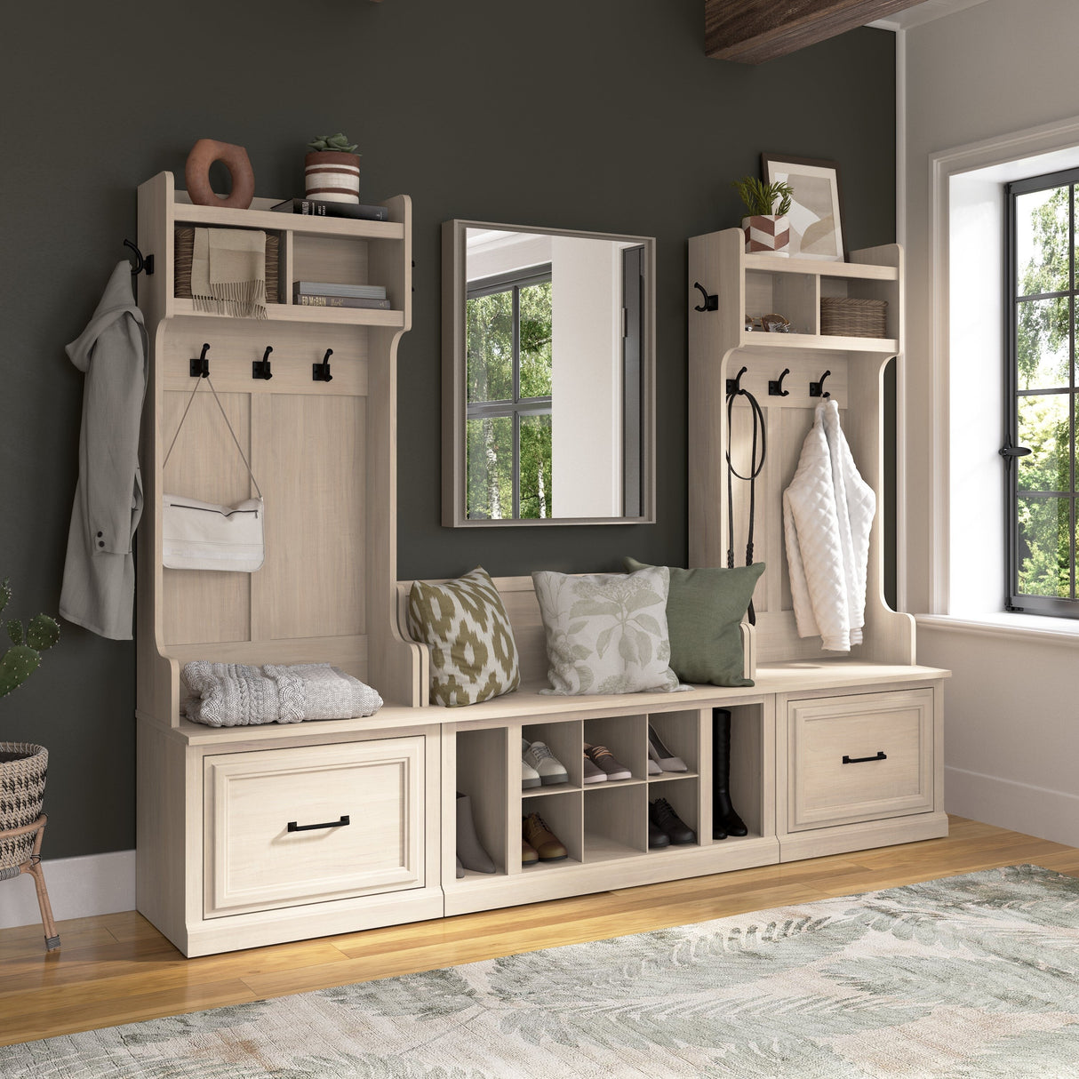 Woodland Hall Trees and Shoe Bench with Drawers by Bush Furniture
