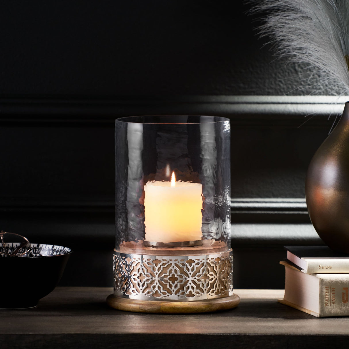 Woodworth Boho Handcrafted Mango Wood Hurricane Candle Holder by Christopher Knight Home - 6.75" L x 6.75" W x 9.50" H