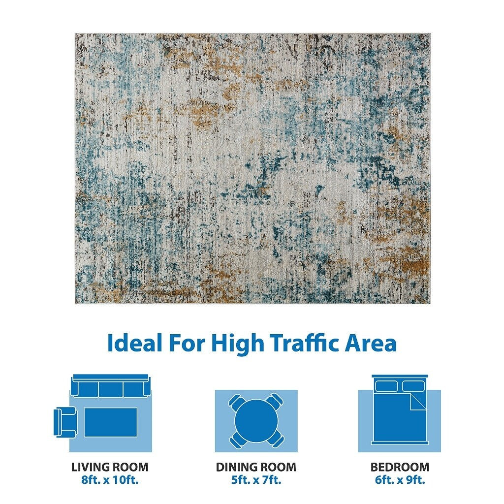 Woven Indoor Dining Accent Modern Home Décor, Ultra Soft Floor Carpets for Bedroom, 7'11"W x 10'L, Distressed Blue Abstract