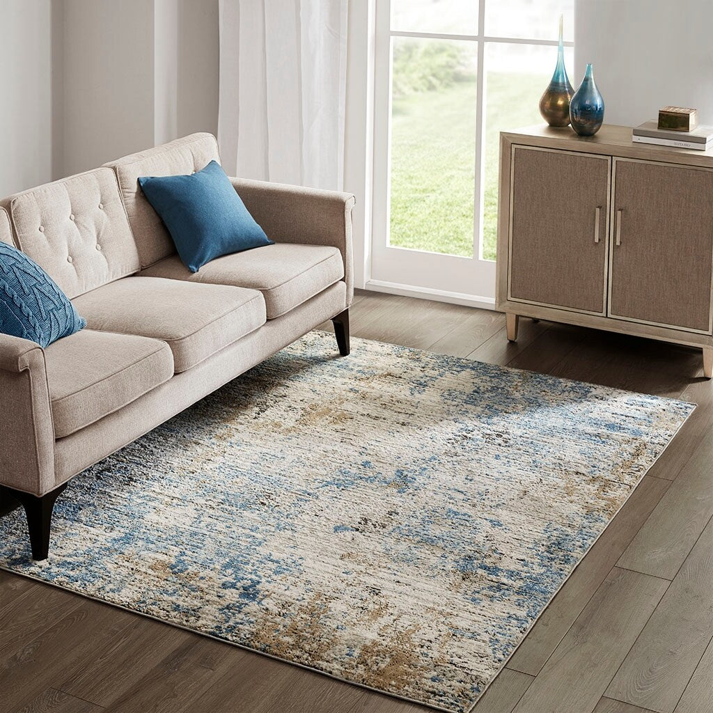 Woven Indoor Dining Accent Modern Home Décor, Ultra Soft Floor Carpets for Bedroom, 7'11"W x 10'L, Distressed Blue Abstract