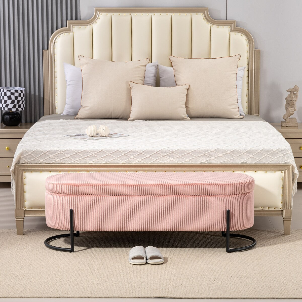 Woven storage Bench with safety hinges, End Bench for Living Room & Bedroom