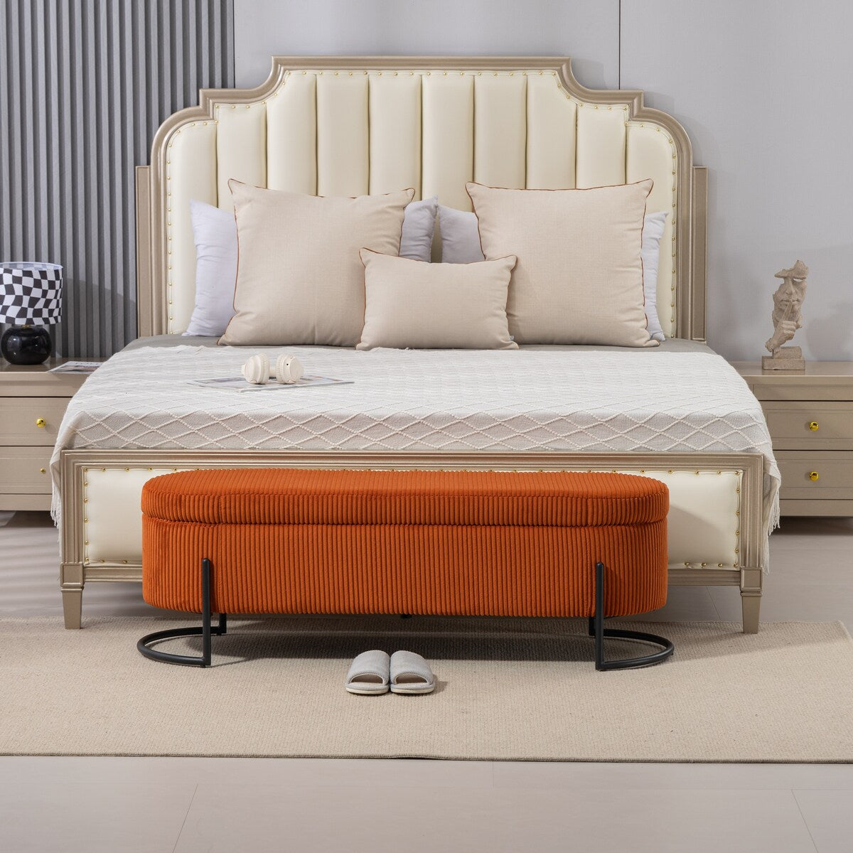 Woven storage Bench with safety hinges, End Bench for Living Room & Bedroom
