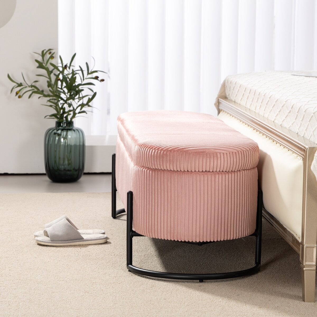 Woven storage Bench with safety hinges, End Bench for Living Room & Bedroom