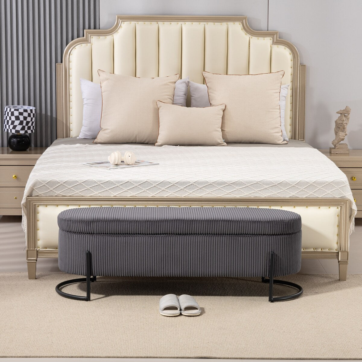 Woven storage Bench with safety hinges, End Bench for Living Room & Bedroom