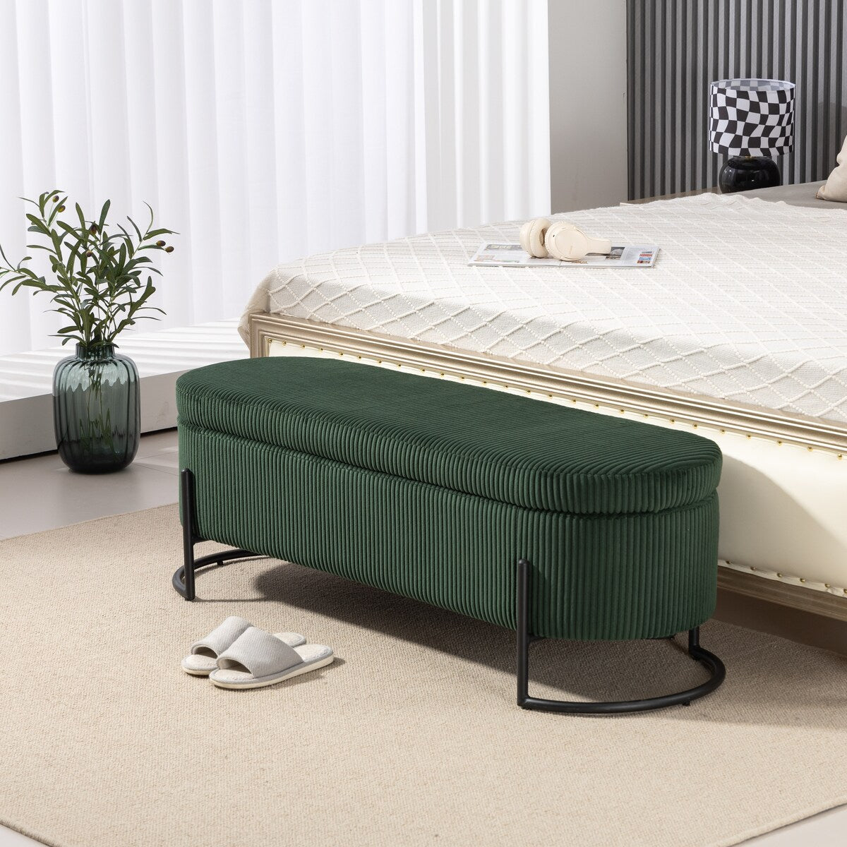 Woven storage Bench with safety hinges, End Bench for Living Room & Bedroom