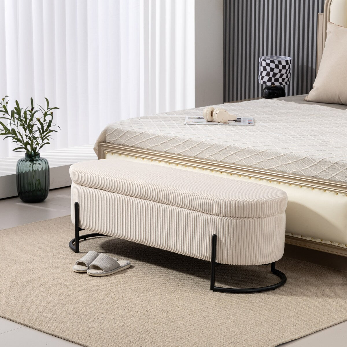 Woven storage Bench with safety hinges, End Bench for Living Room & Bedroom