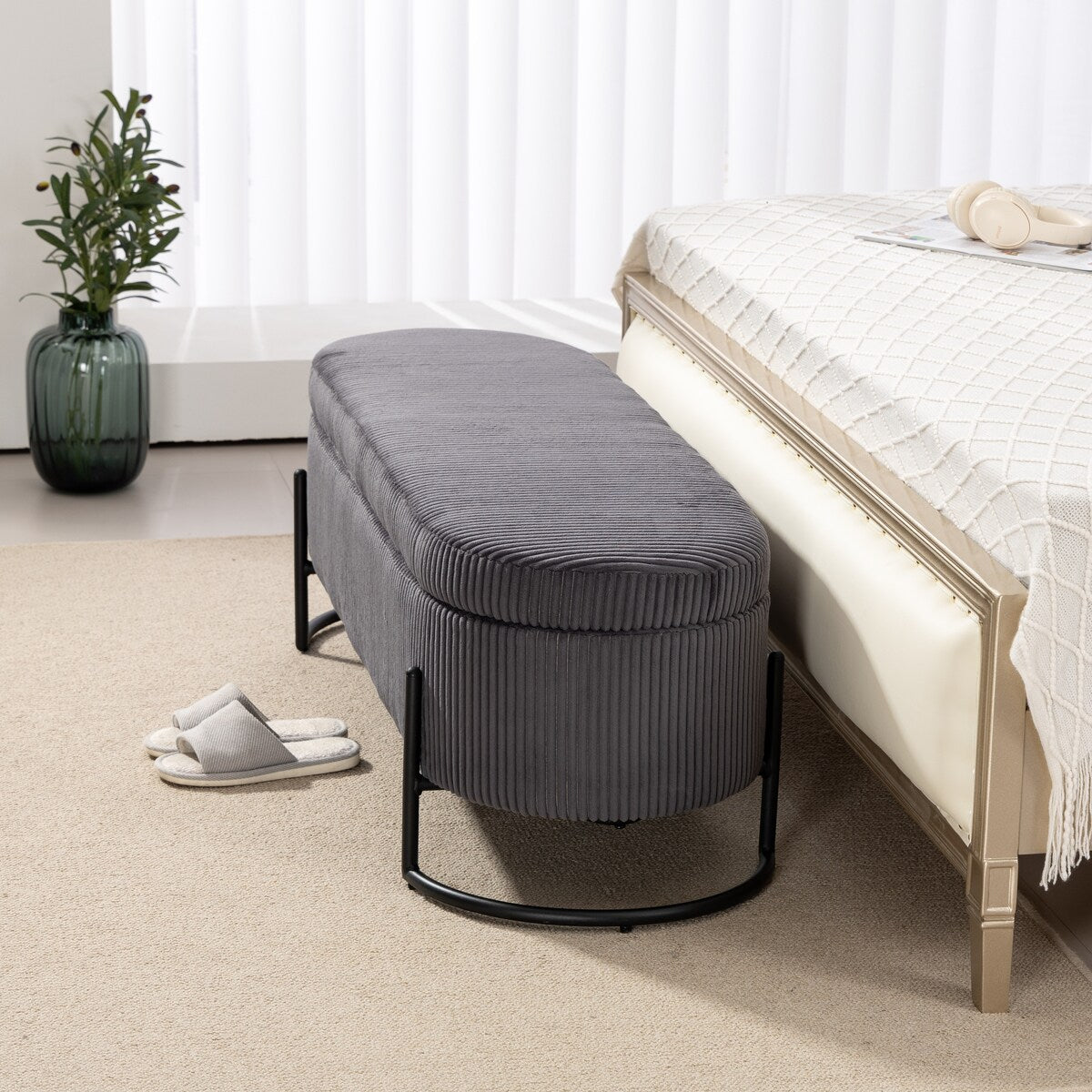 Woven storage Bench with safety hinges, End Bench for Living Room & Bedroom