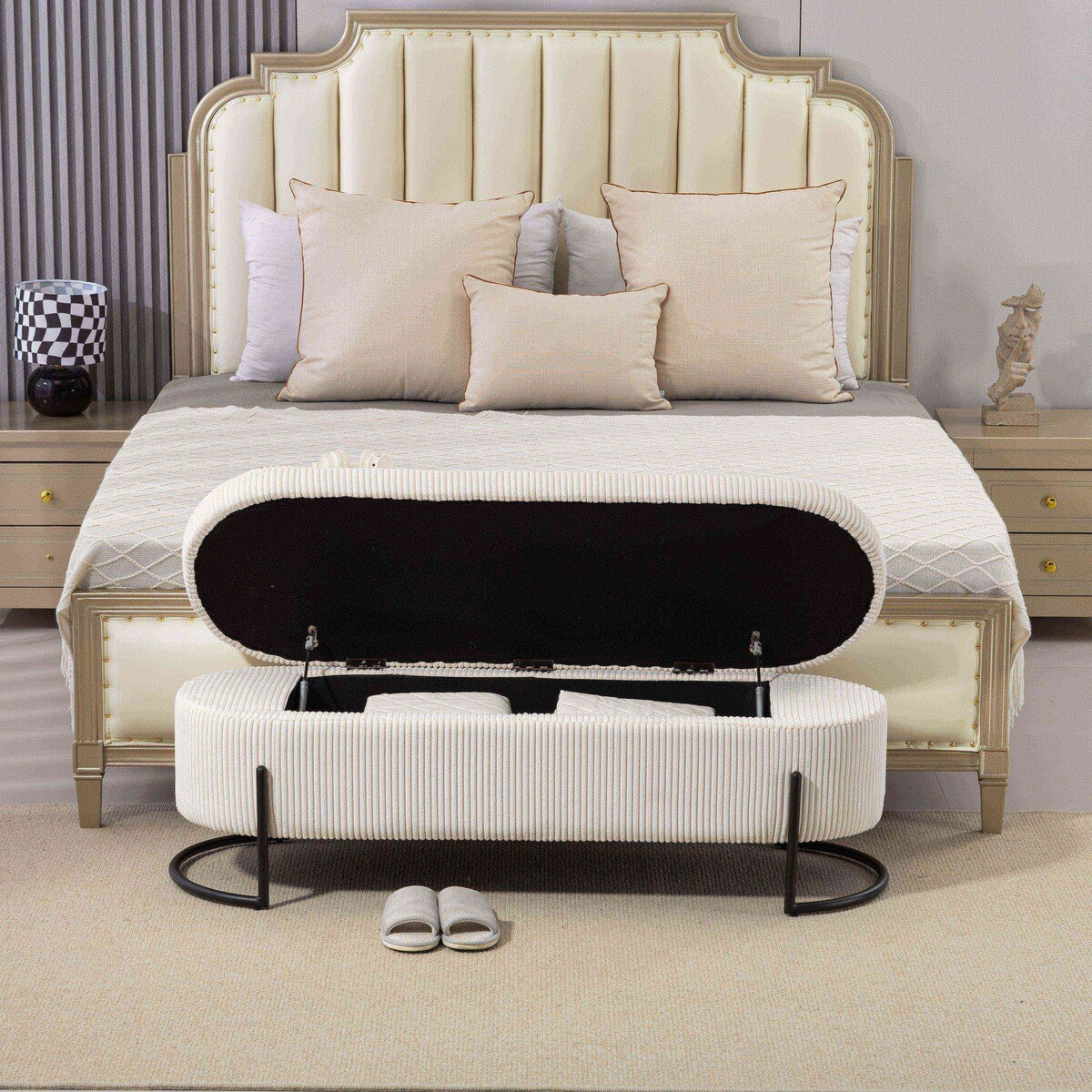 Woven storage Bench with safety hinges, End Bench for Living Room & Bedroom