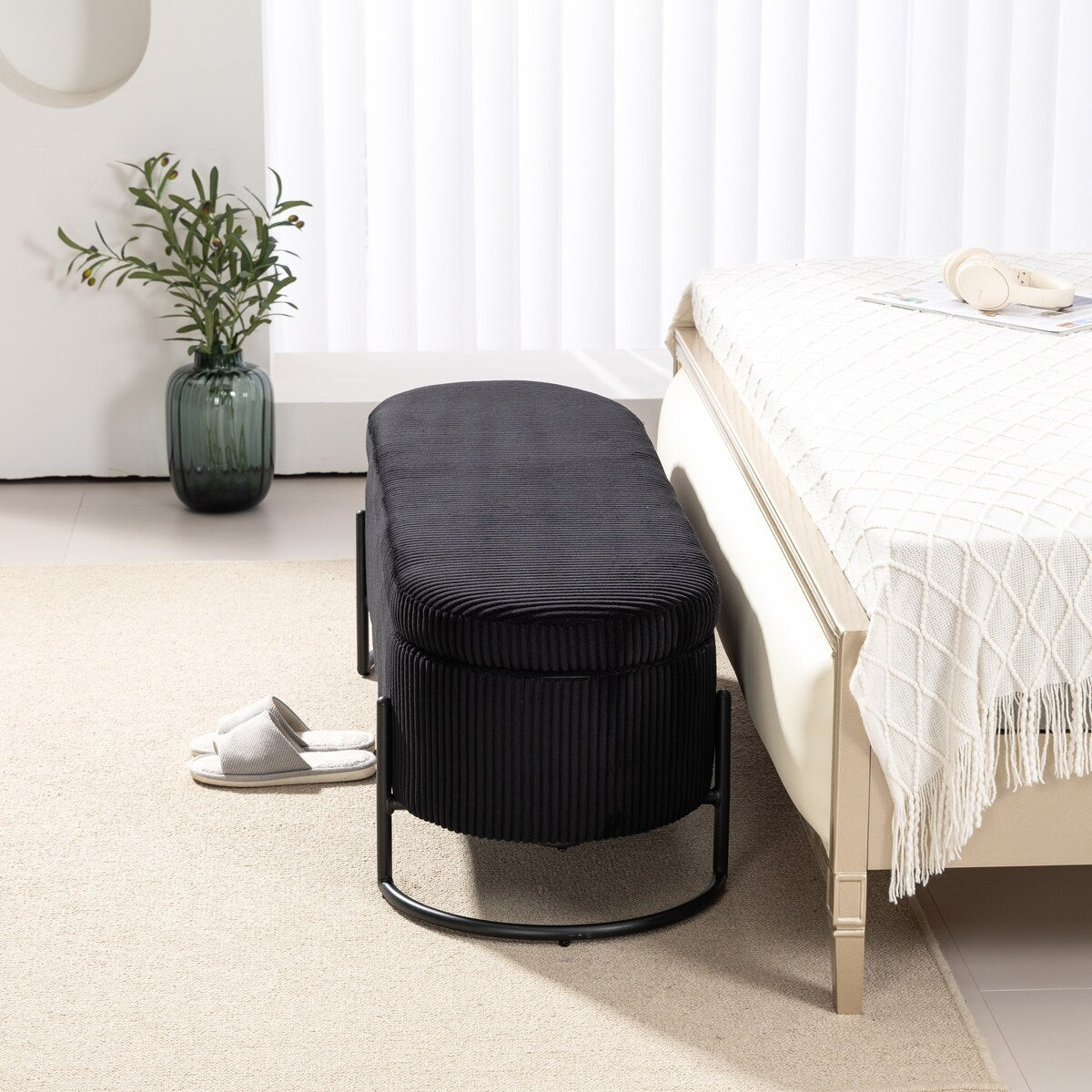 Woven storage Bench with safety hinges, End Bench for Living Room & Bedroom