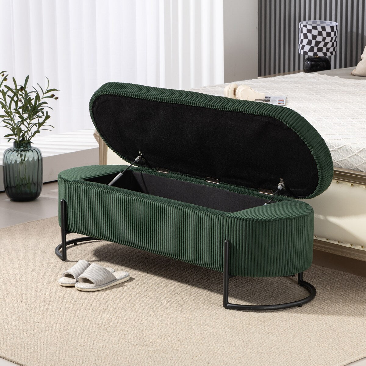 Woven storage Bench with safety hinges, End Bench for Living Room & Bedroom