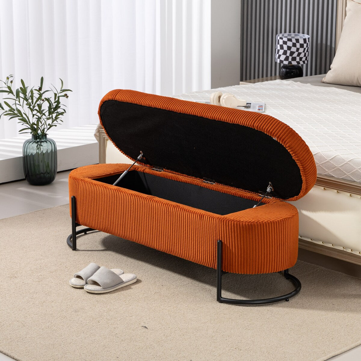 Woven storage Bench with safety hinges, End Bench for Living Room & Bedroom