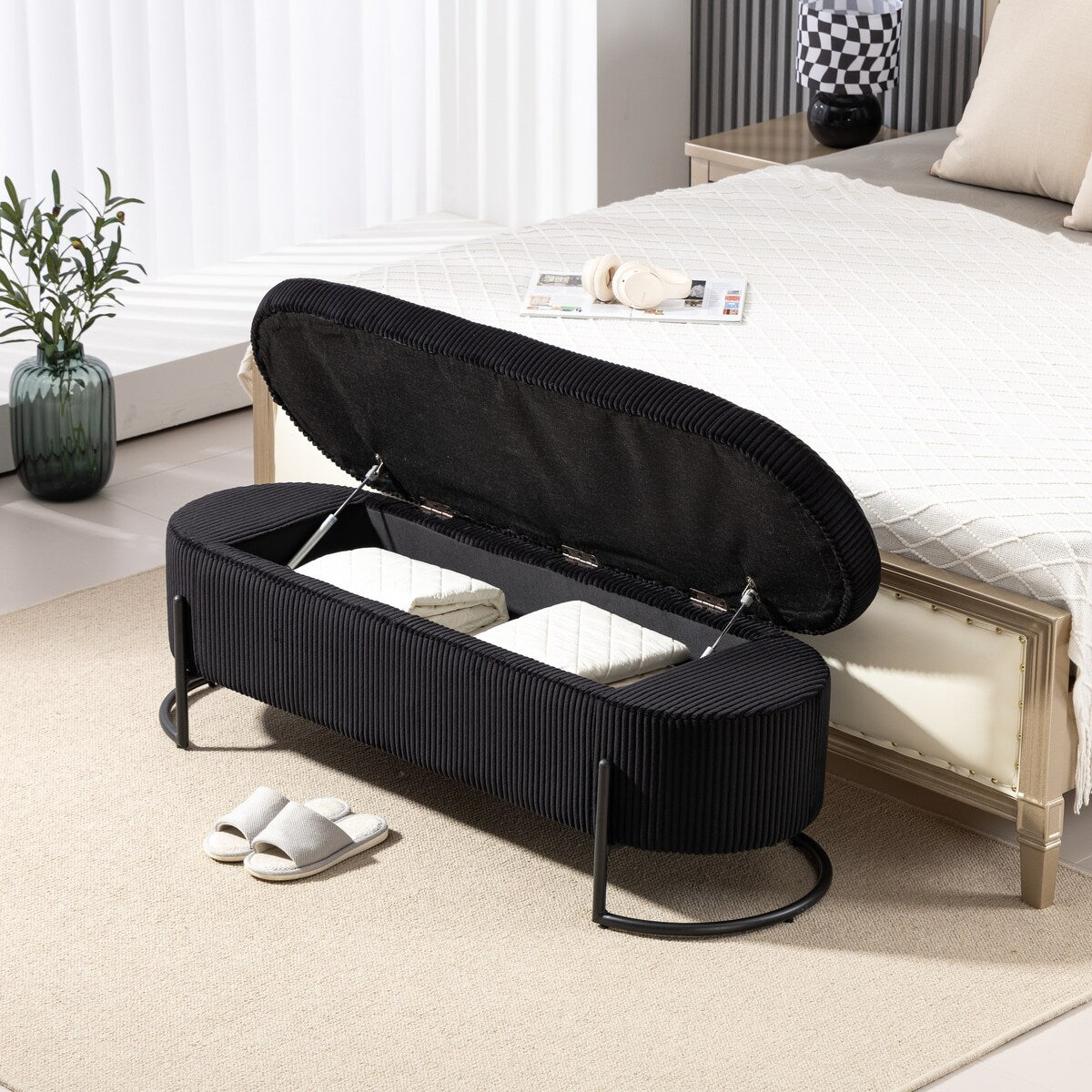 Woven storage Bench with safety hinges, End Bench for Living Room & Bedroom