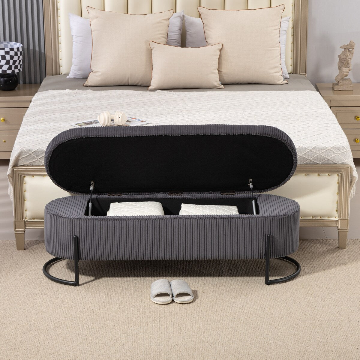 Woven storage Bench with safety hinges, End Bench for Living Room & Bedroom