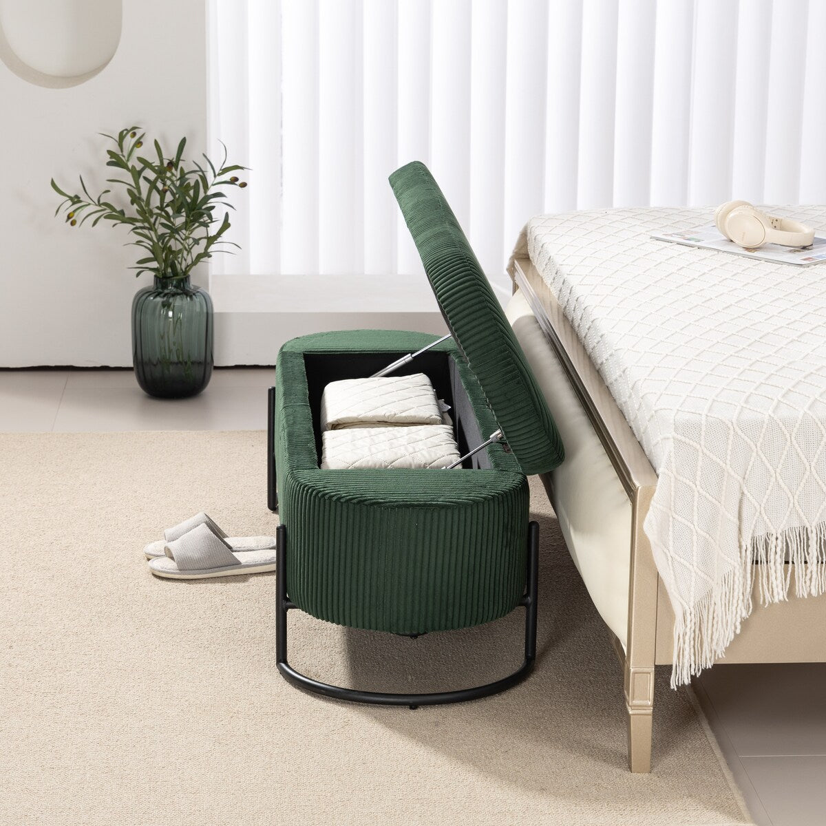Woven storage Bench with safety hinges, End Bench for Living Room & Bedroom