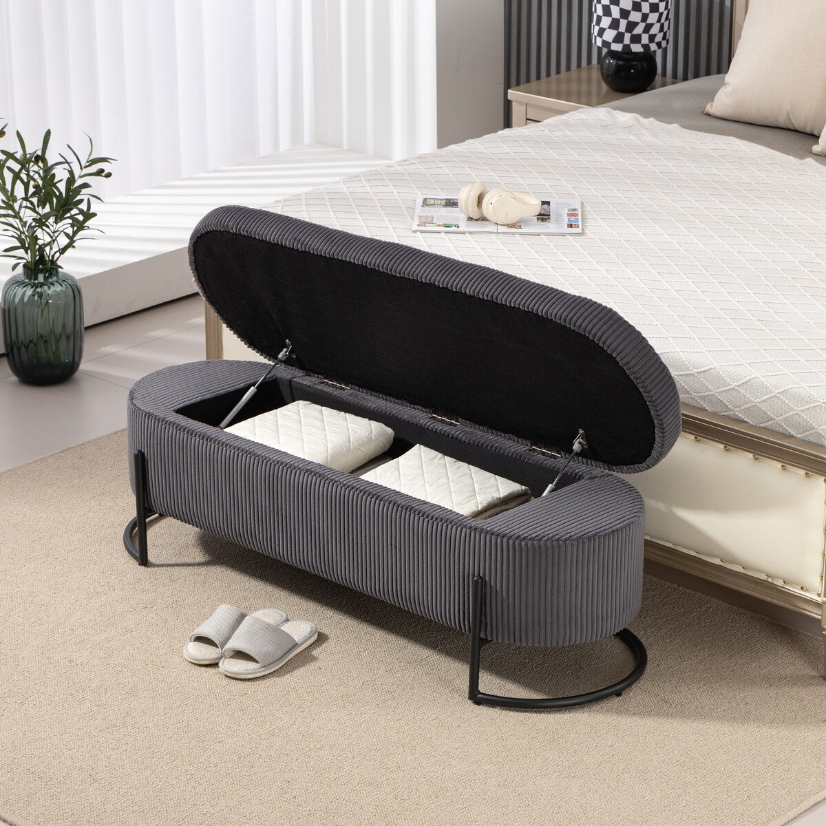 Woven storage Bench with safety hinges, End Bench for Living Room & Bedroom