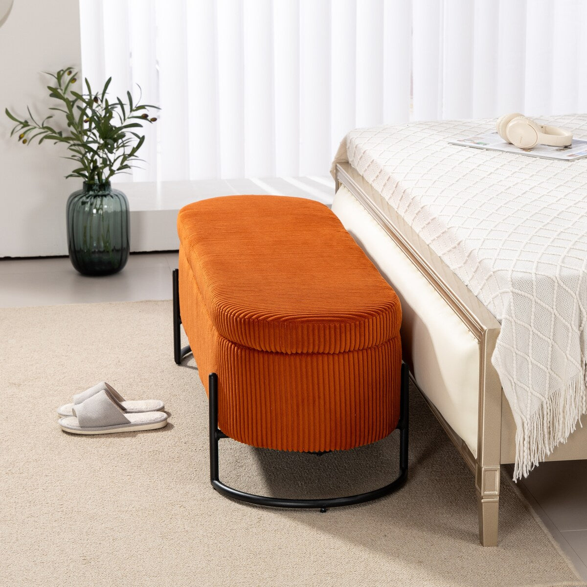 Woven storage Bench with safety hinges, End Bench for Living Room & Bedroom