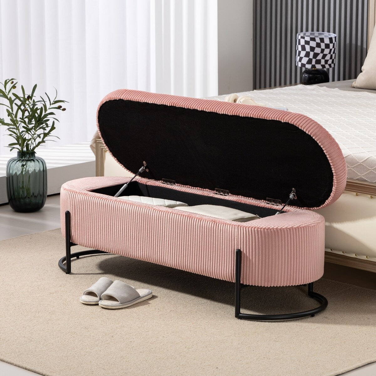 Woven storage Bench with safety hinges, End Bench for Living Room & Bedroom