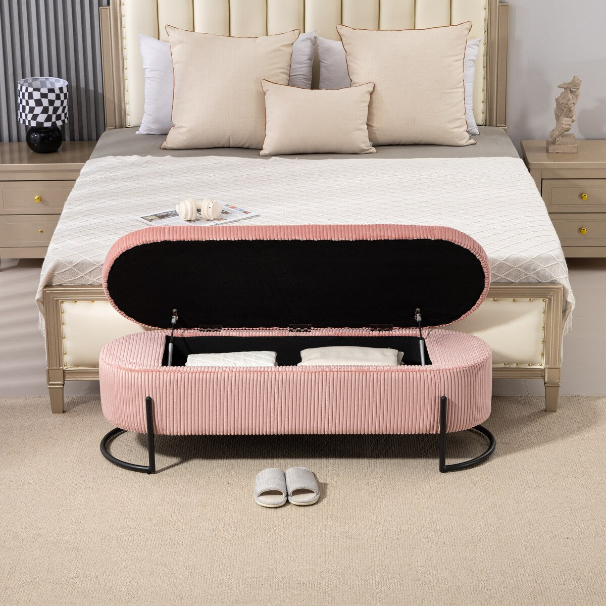 Woven storage Bench with safety hinges, End Bench for Living Room & Bedroom