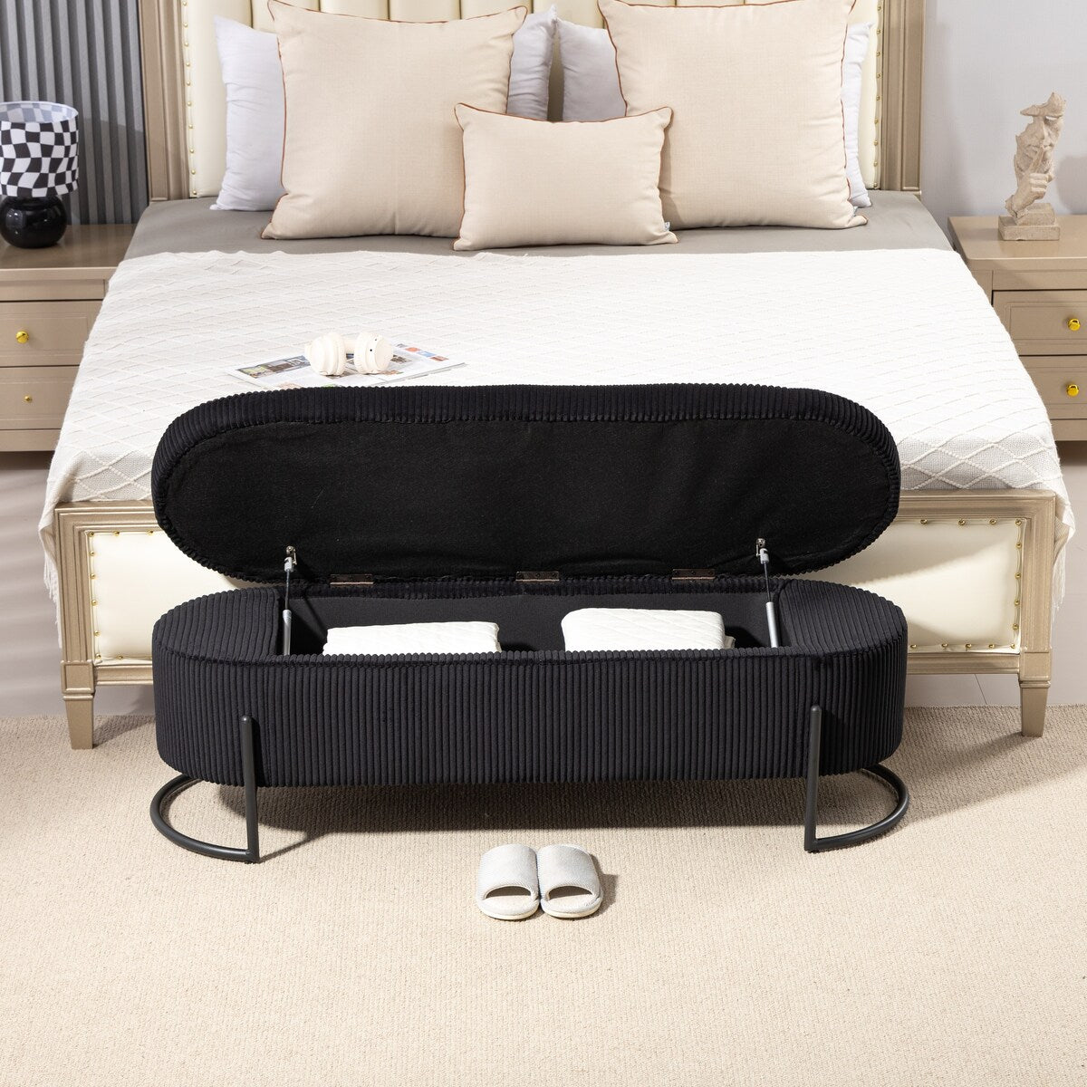 Woven storage Bench with safety hinges, End Bench for Living Room & Bedroom