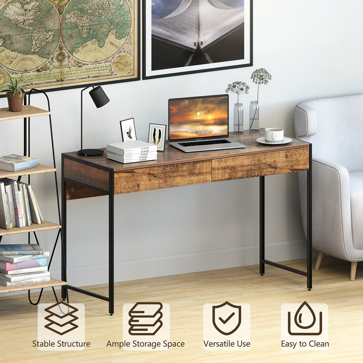 Writing Desk with 2 Drawers Computer Wooden Desk Spacious Workstation