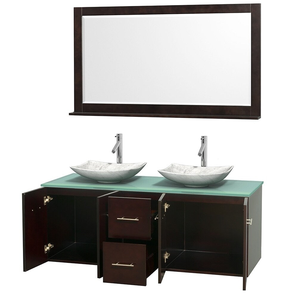 Wyndham Collection Centra Espresso 60-inch Double Green Glass Bathroom Vanity with Mirror