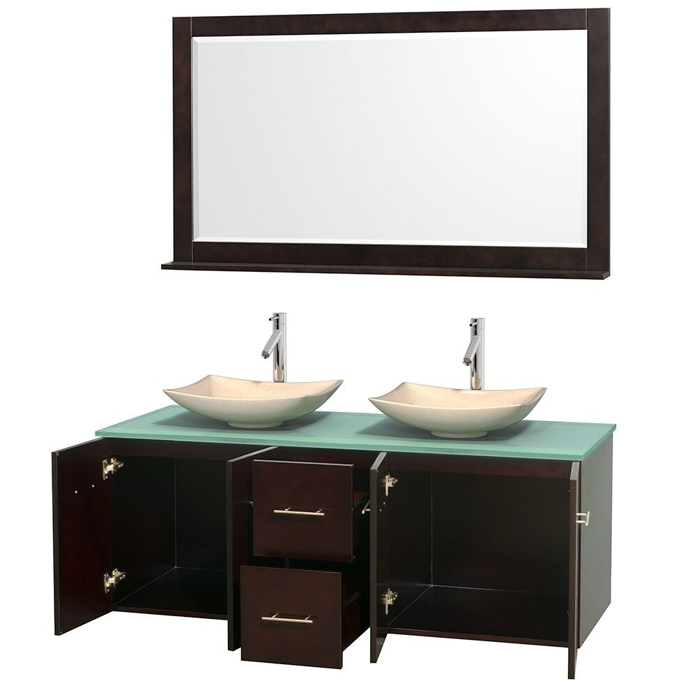 Wyndham Collection Centra Espresso 60-inch Double Green Glass Bathroom Vanity with Mirror