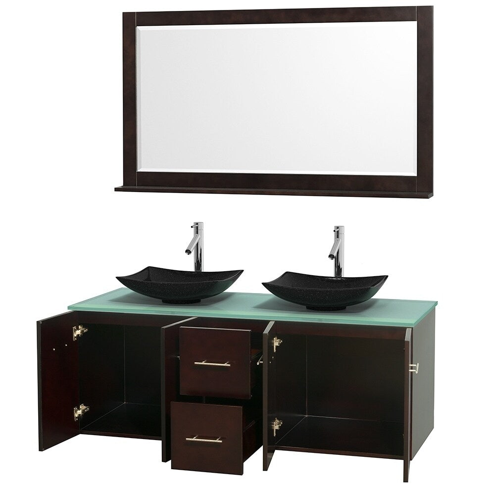 Wyndham Collection Centra Espresso 60-inch Double Green Glass Bathroom Vanity with Mirror