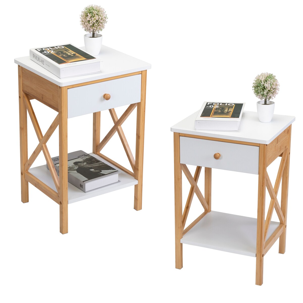 X-Shape Frame Bamboo Nightstand,Set of 2