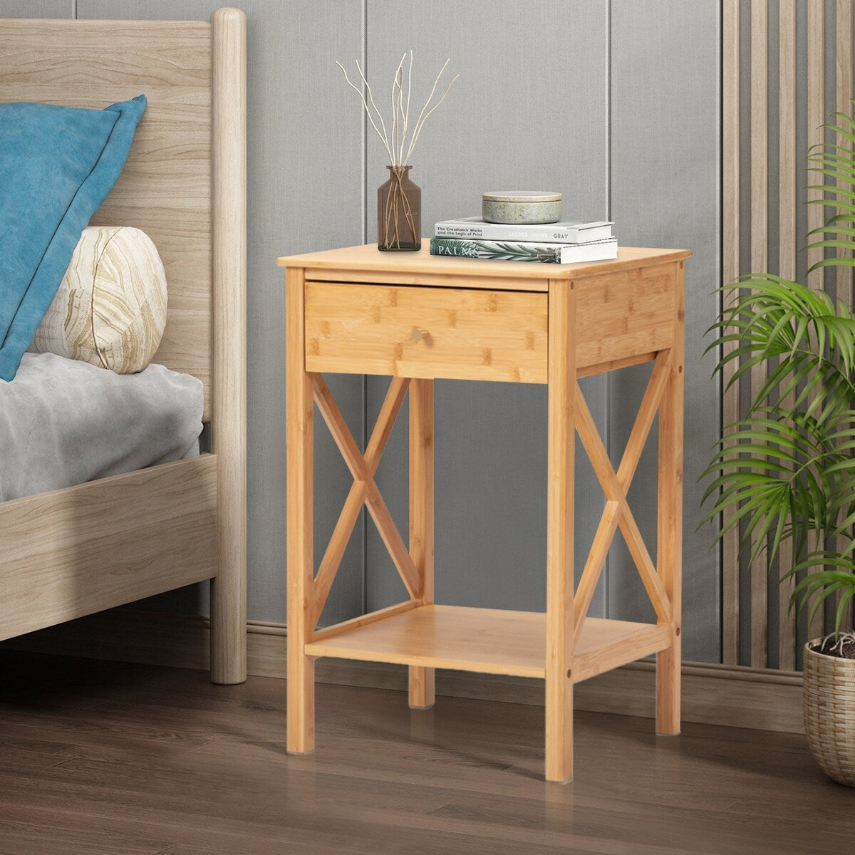 X-Shape Frame Bamboo Nightstand,Set of 2