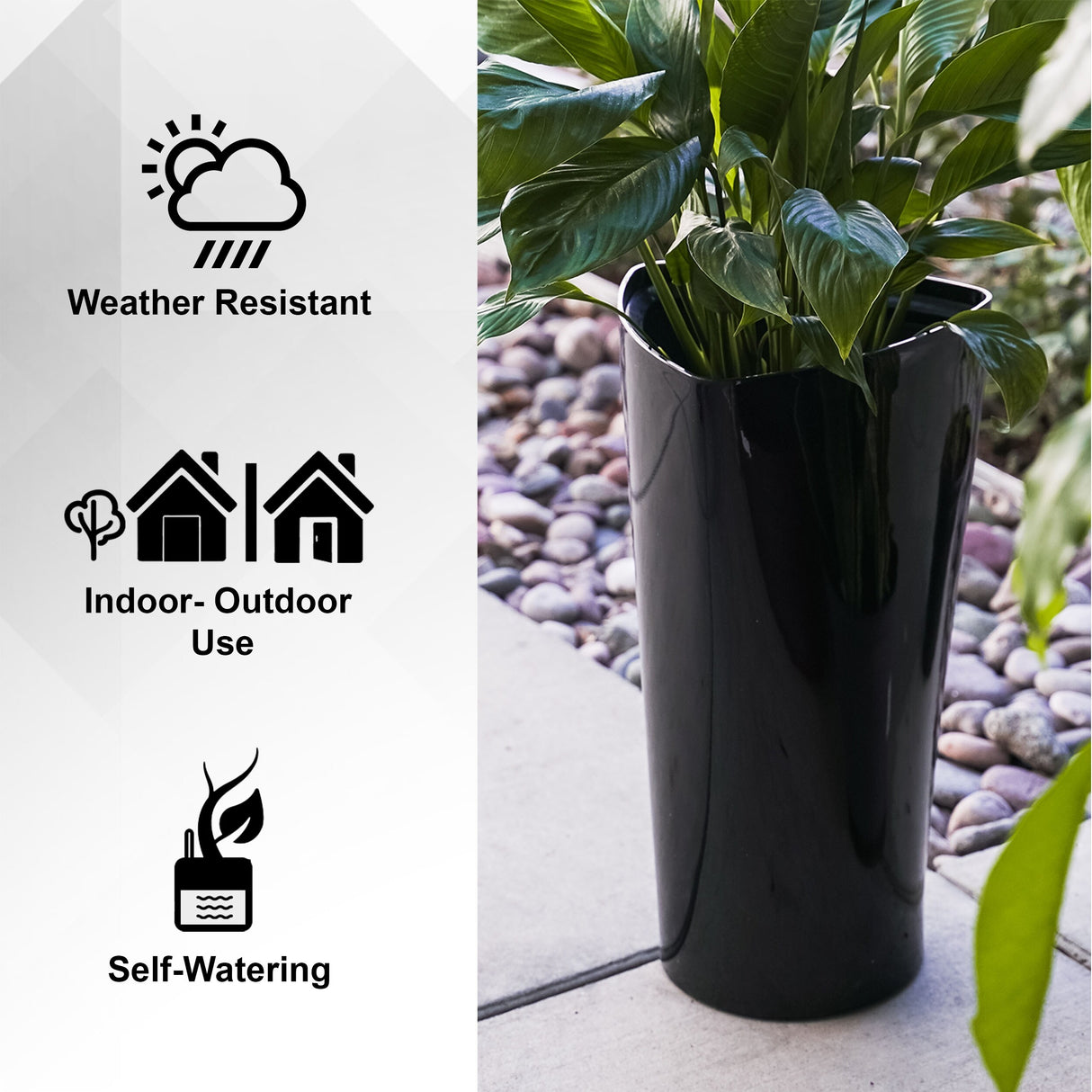 XBrand 22.4" H Black Plastic Self Watering Indoor Outdoor Triangle Planter Pot w/Glossy Finish, Tall Decorative Gardening Pot