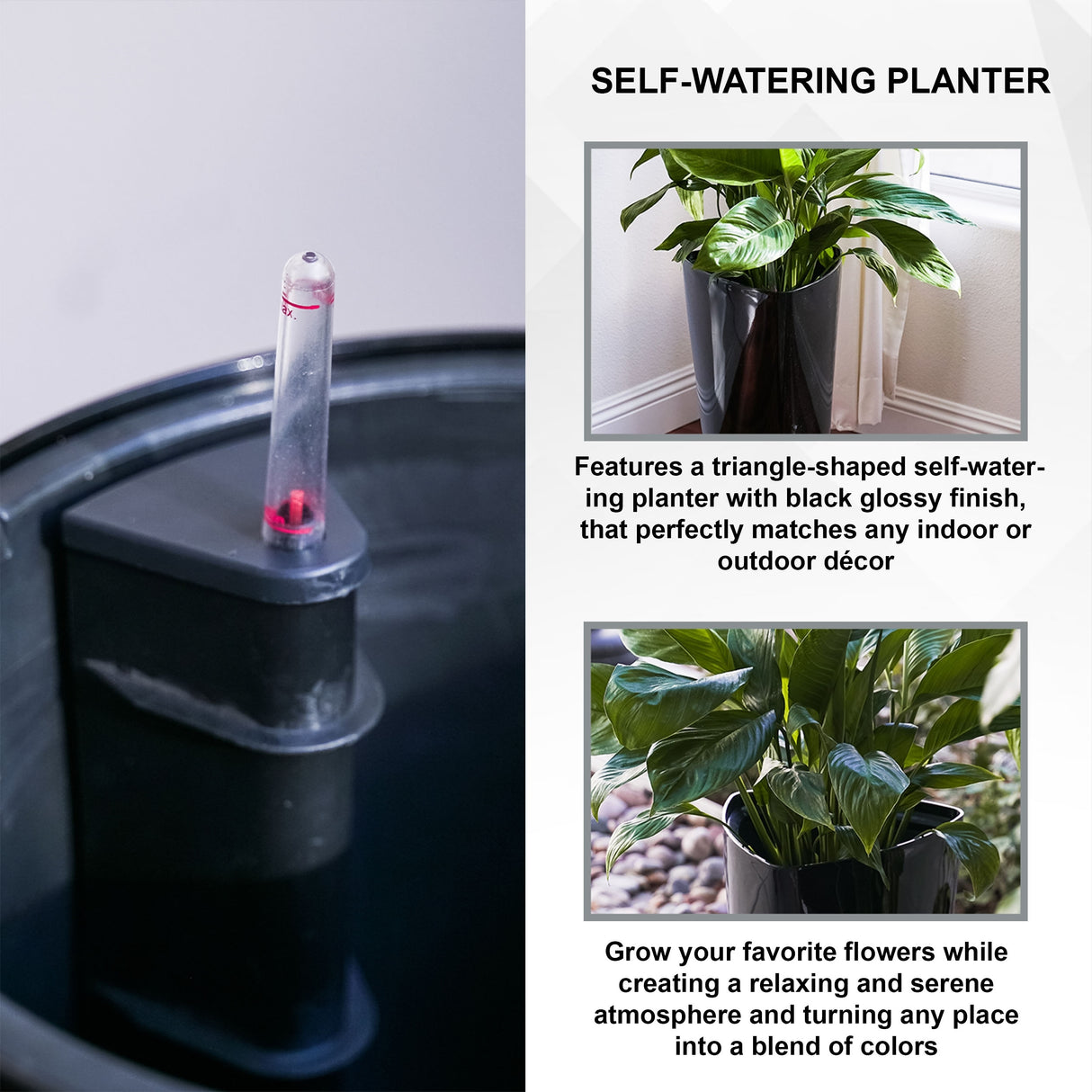 XBrand 22.4" H Black Plastic Self Watering Indoor Outdoor Triangle Planter Pot w/Glossy Finish, Tall Decorative Gardening Pot