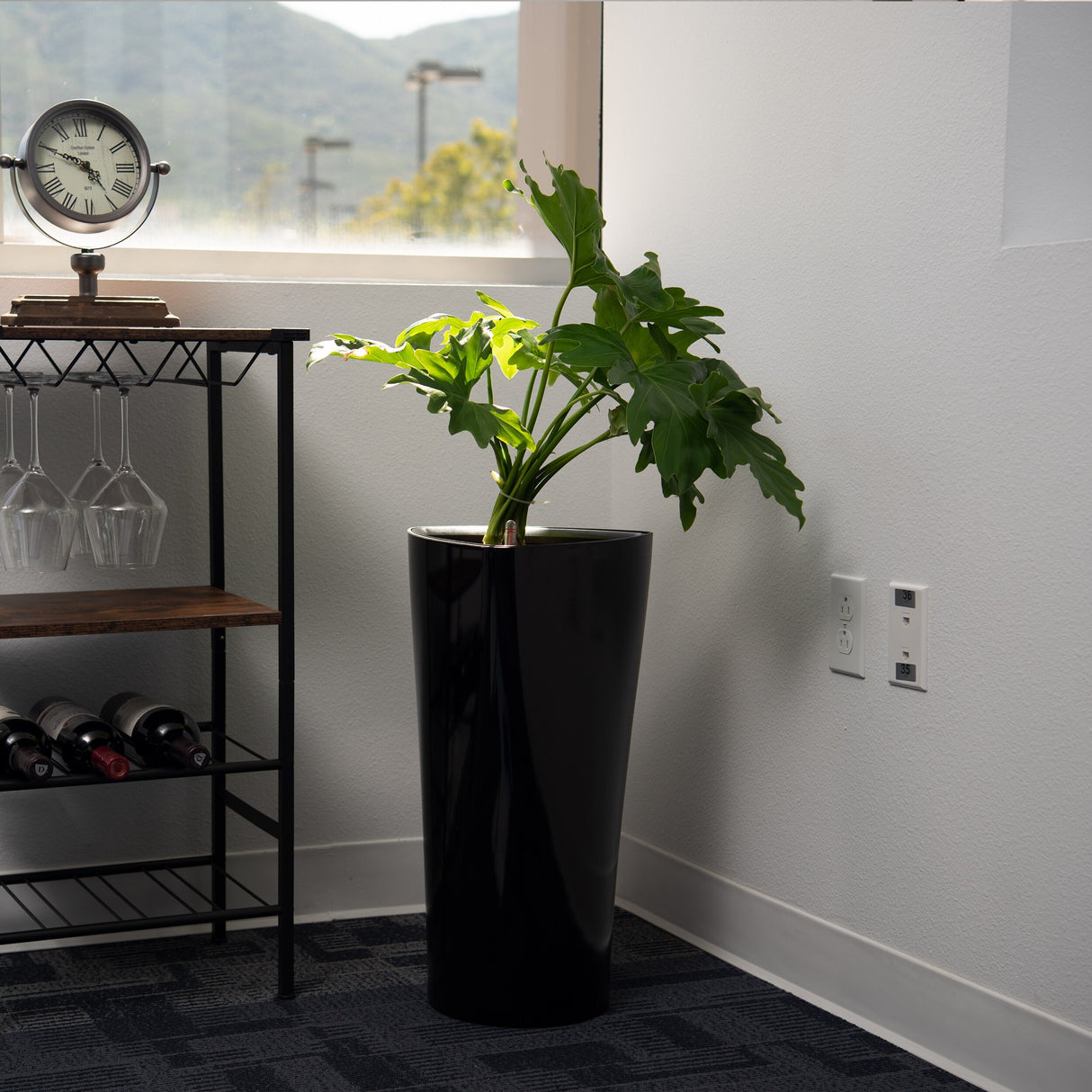 XBrand 22.4" H Black Plastic Self Watering Indoor Outdoor Triangle Planter Pot w/Glossy Finish, Tall Decorative Gardening Pot