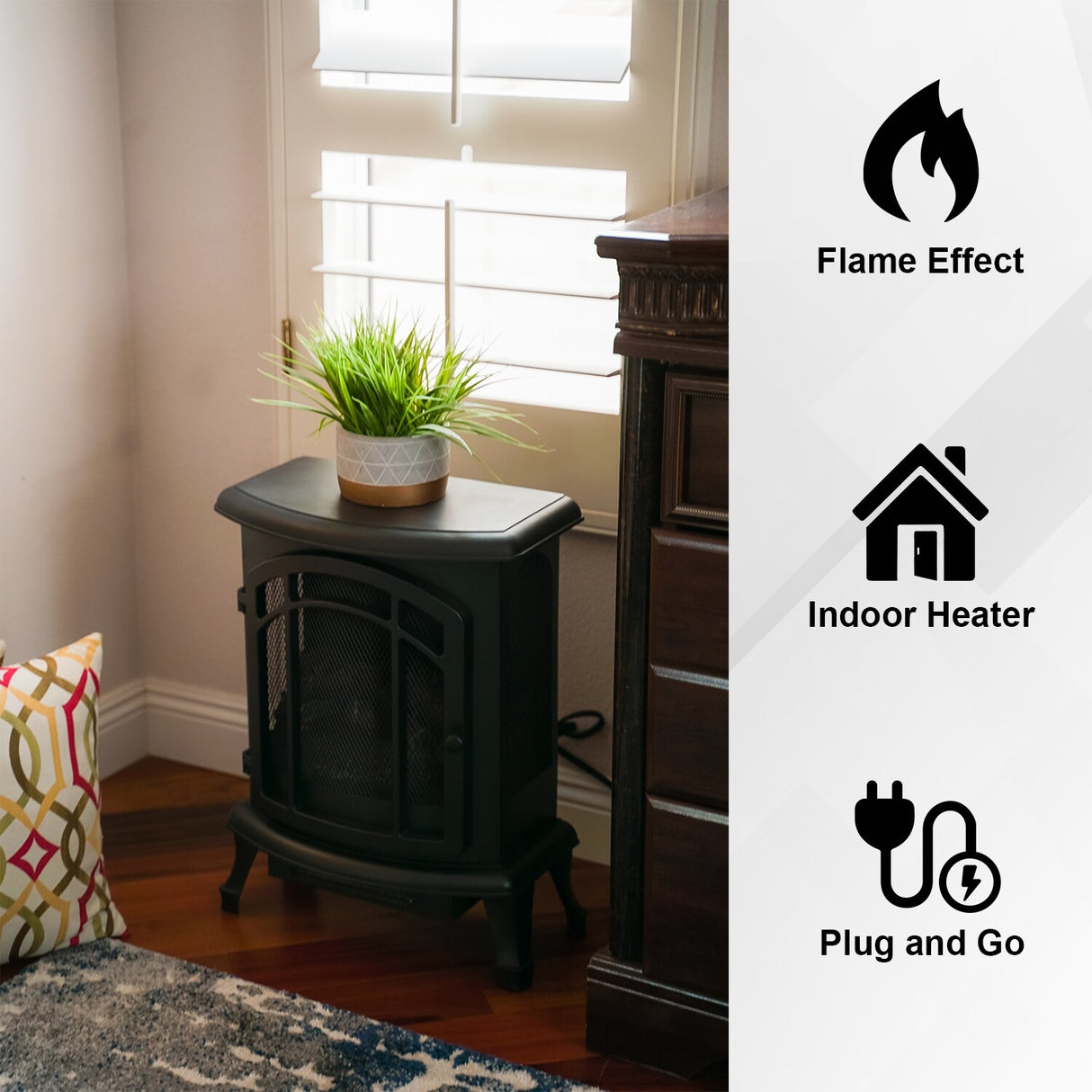 XBrand 24" H Black Free Standing Portable High/Low Heat Wired Fire Stove w/ Manual Control, LED Flame & Temperature Limiting
