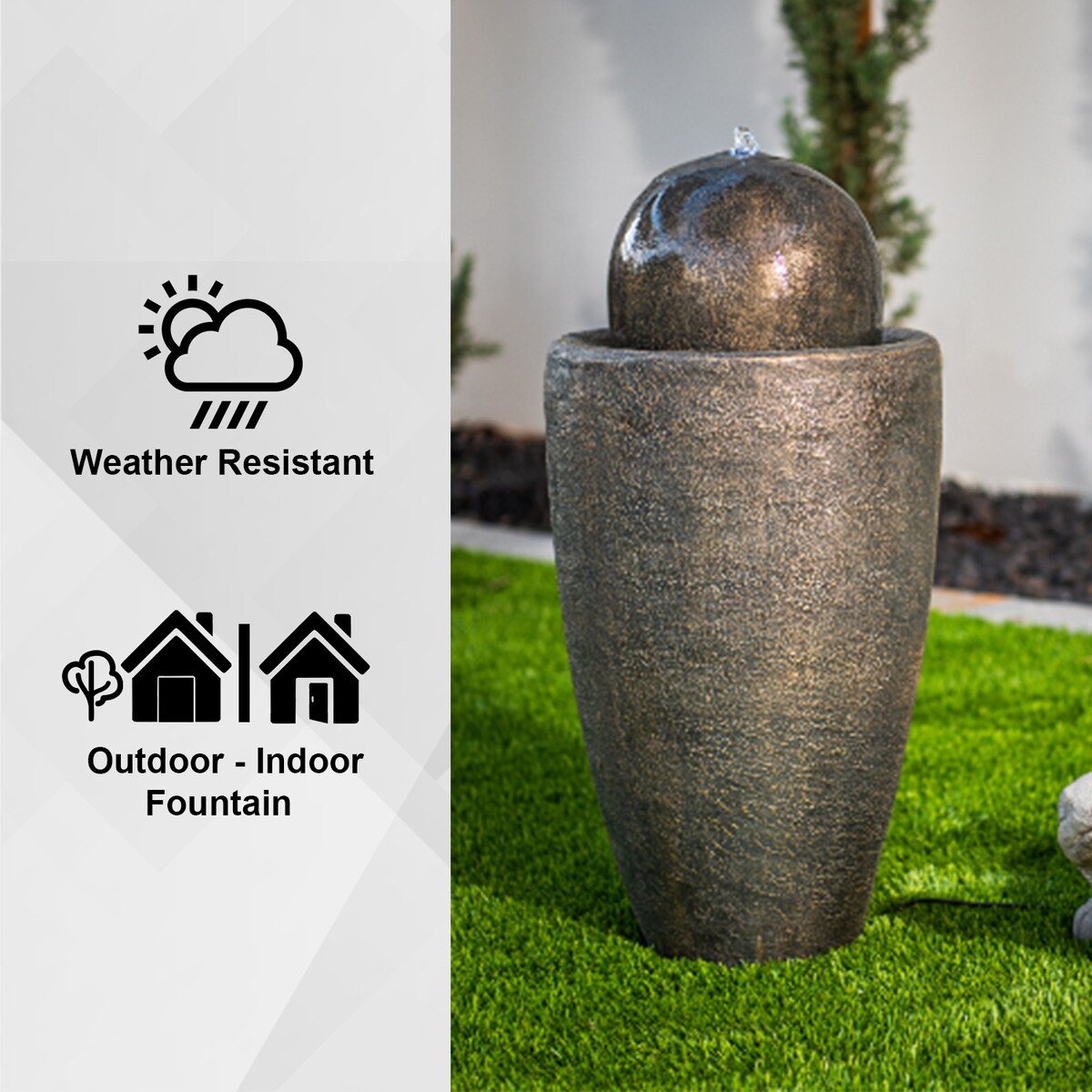 XBrand 25.98"H Modern Round Stone Textured Sphere Water Fountain w/LED Lights, For Indoor/Outdoor, Ball Water Fountain