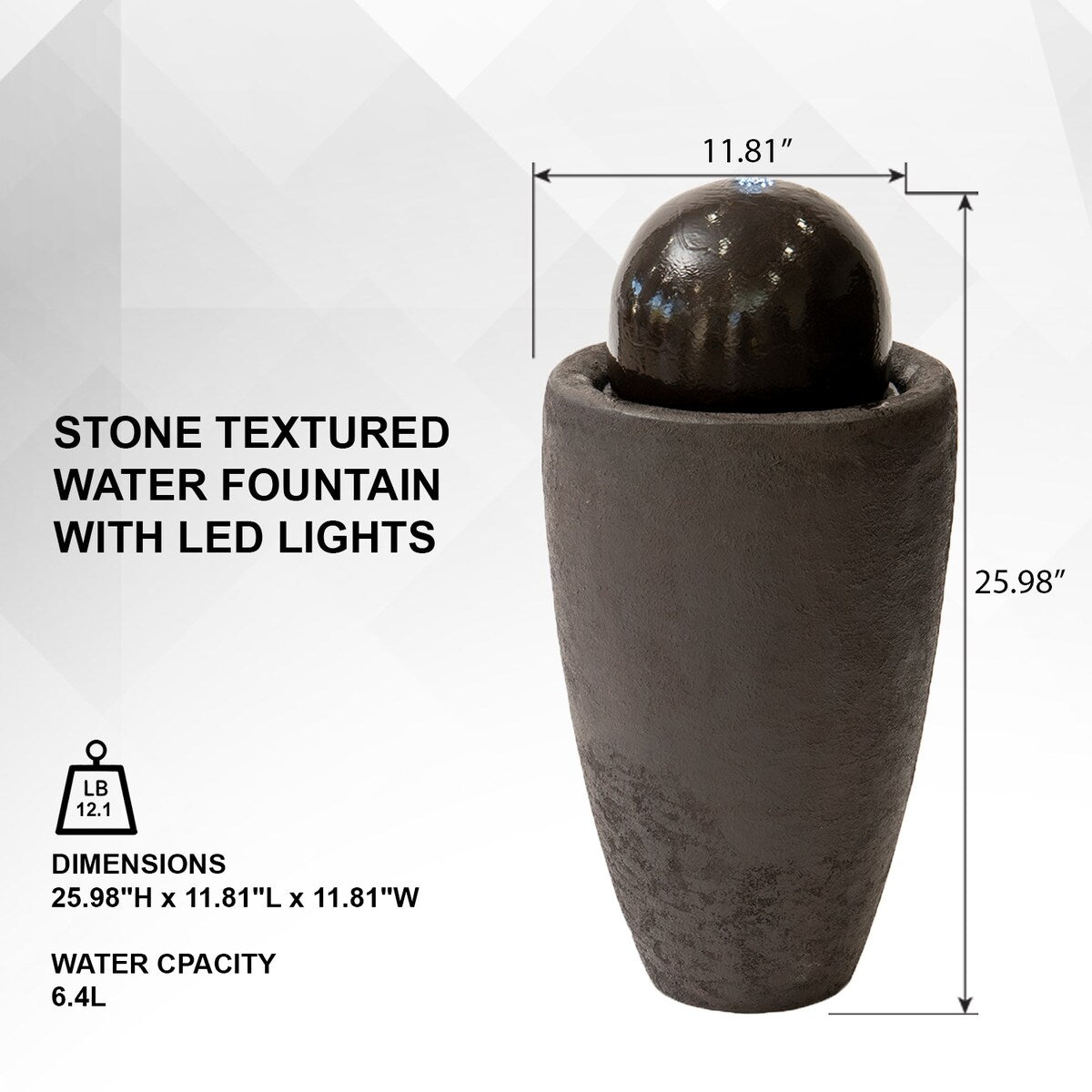 XBrand 25.98"H Modern Round Stone Textured Sphere Water Fountain w/LED Lights, For Indoor/Outdoor, Ball Water Fountain
