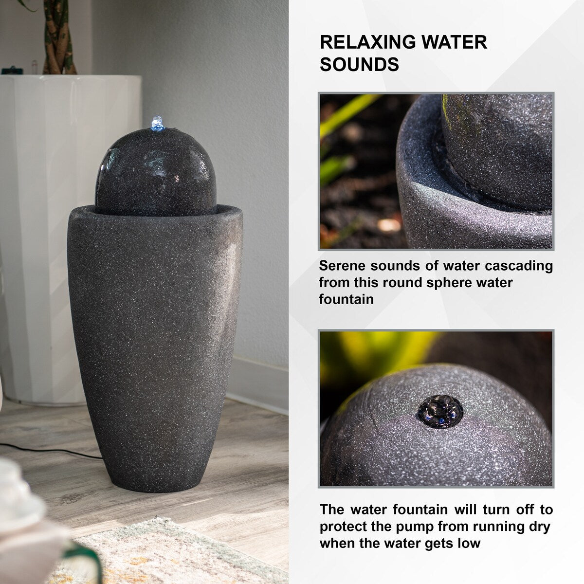 XBrand 25.98"H Modern Round Stone Textured Sphere Water Fountain w/LED Lights, For Indoor/Outdoor, Ball Water Fountain