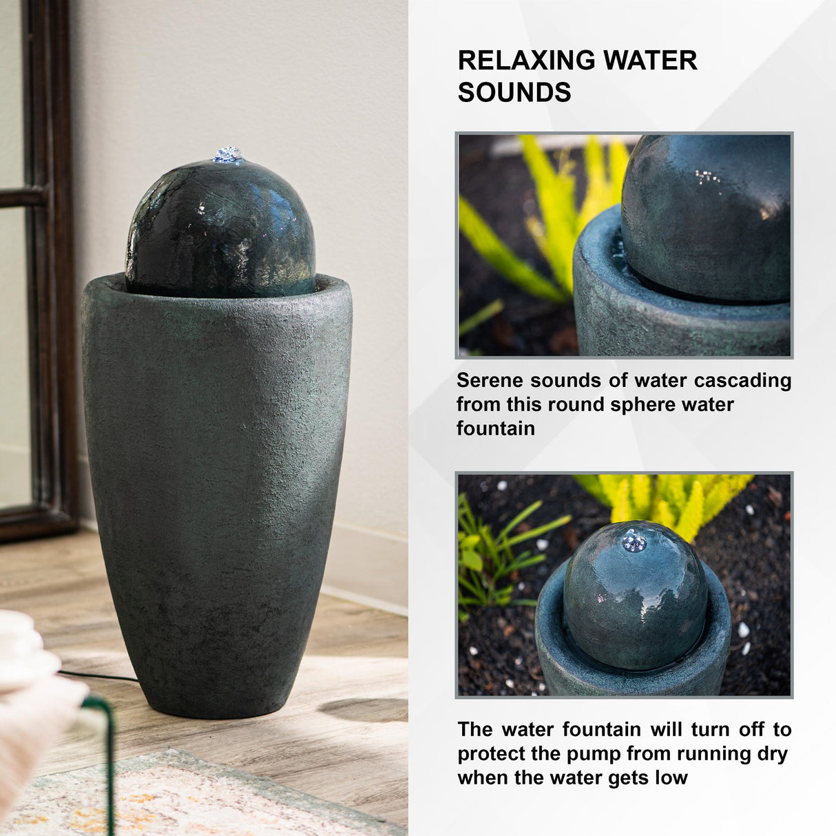 XBrand 25.98"H Modern Round Stone Textured Sphere Water Fountain w/LED Lights, For Indoor/Outdoor, Ball Water Fountain