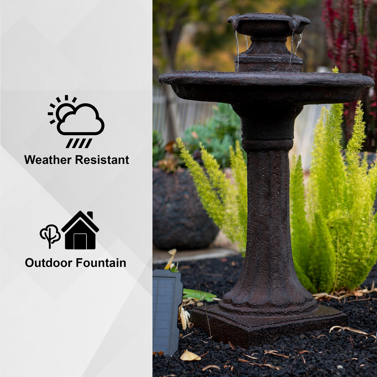XBrand 28" Solar Water Fountain, 1-Tier, Outdoor Birdbath, Brown Resin, With Solar Panel, Solar Pump for Home Garden Yard Décor