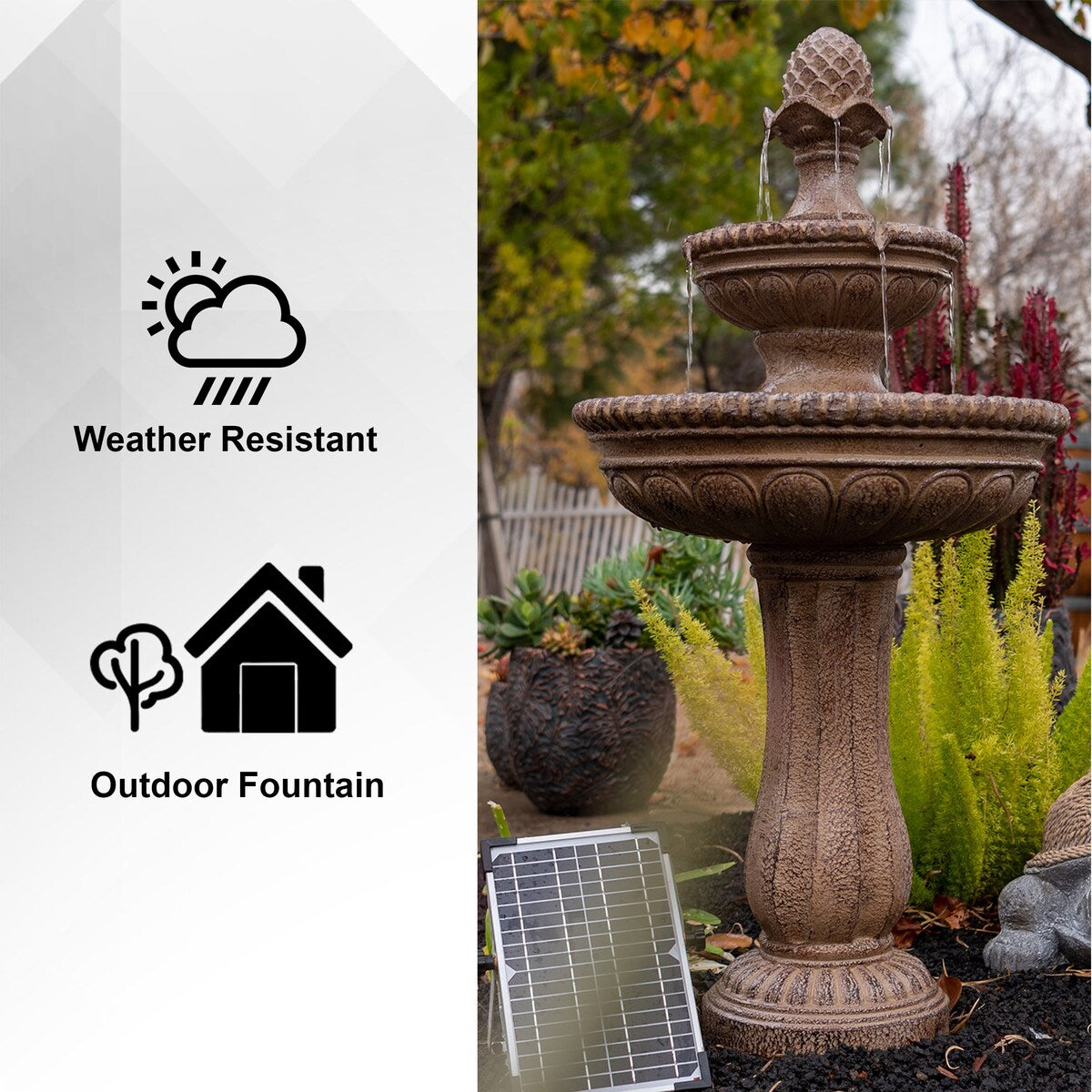 XBrand 39" 2-Tier Solar Water Fountain – Sandstone Resin, Auto Pump, Classic Design